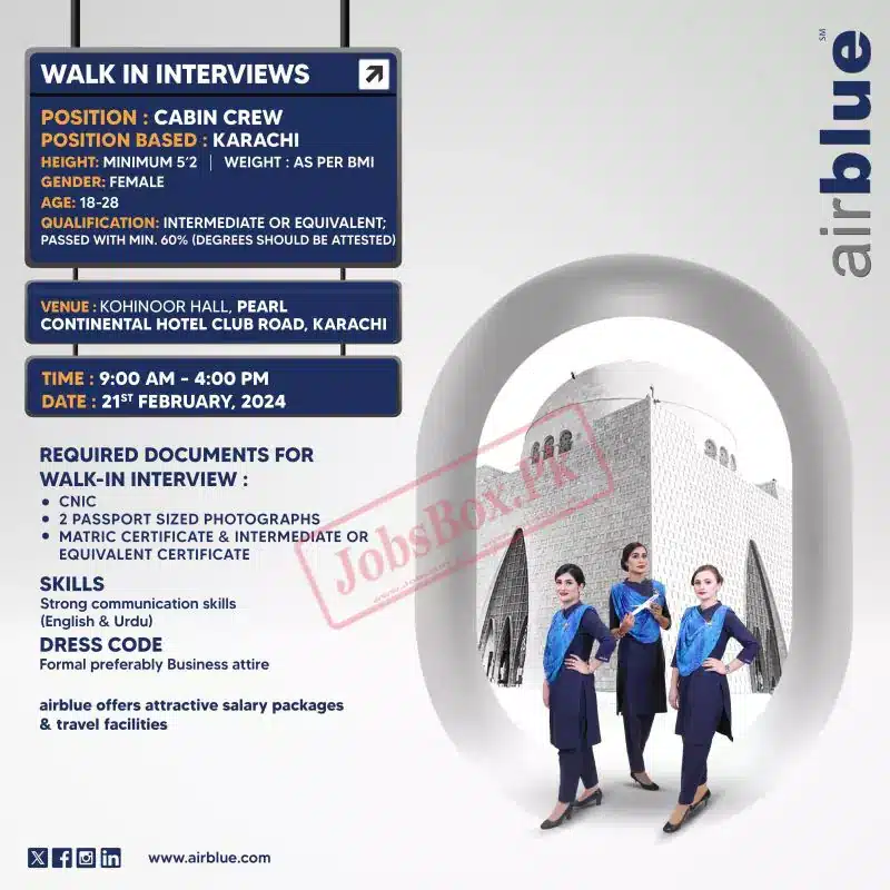 Latest Airblue Careers Karachi 2024  | Cabin Crew Jobs Apply Now