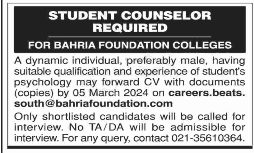 Bahria Foundation College Jobs in Islamabad 2024 Latest Vacancies