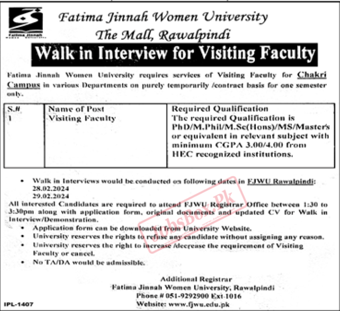 Fatima Jinnah Women University Jobs 2024 New Visiting Faculty