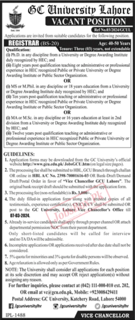 GC University Lahore Jobs 2024 | New Registration Online