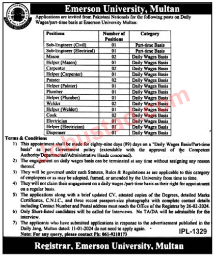 Emerson University Multan Non-teaching Jobs 2024 For daily wages