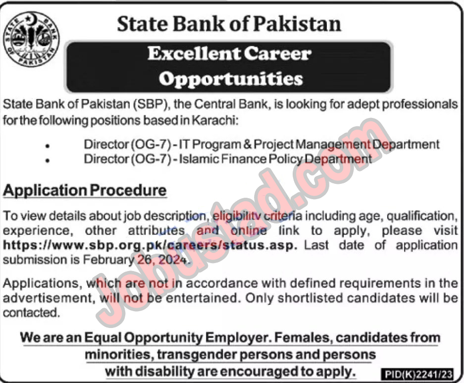 State Bank Of Pakistan SBP Karachi Jobs 2024 via February Advertisement