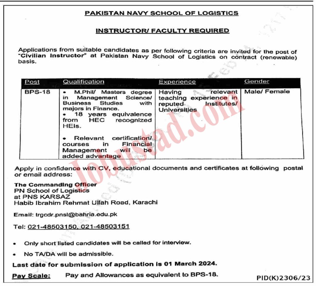 Pakistan Navy School of Logistics Jobs 