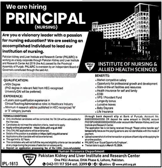 Nursing Principle Jobs 2024 at PKLI Lahore | New PKLI Vacancies