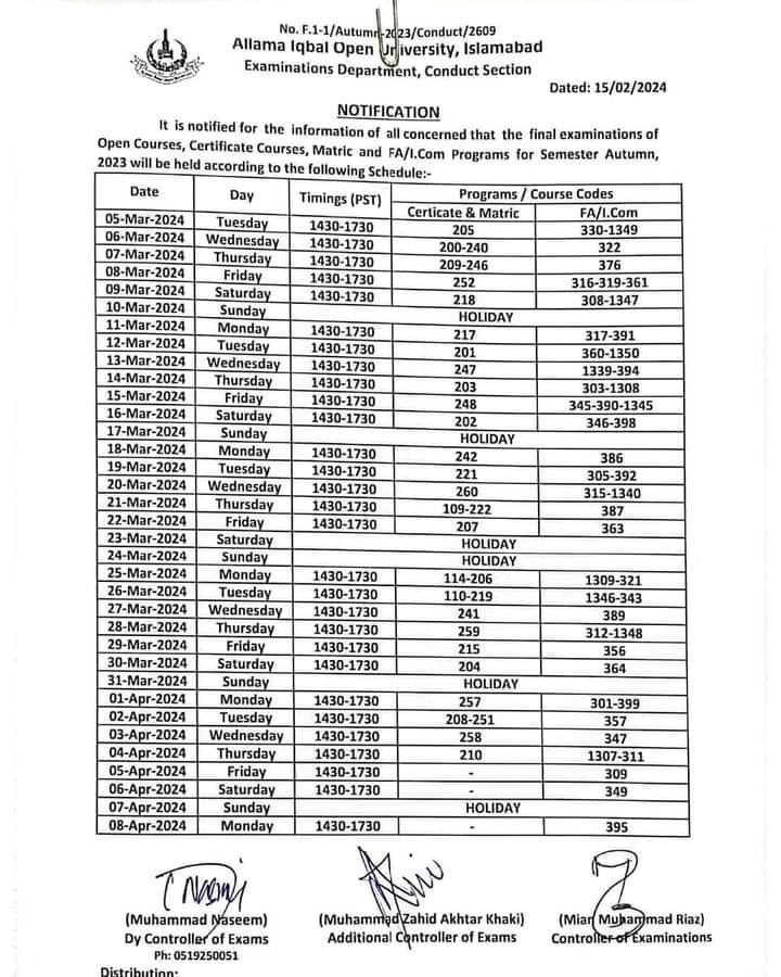 AIOU Announced Latest FA/I.Com Annual Date Sheet 2024