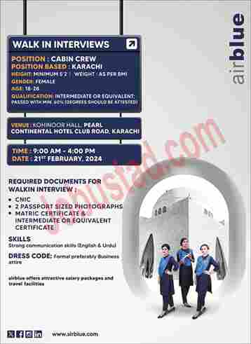 Cabin Crew Jobs in Pakistan in Airblue 2024