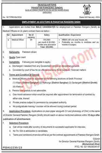 Latest Pakistan Rangers Sindh Jobs in Karachint