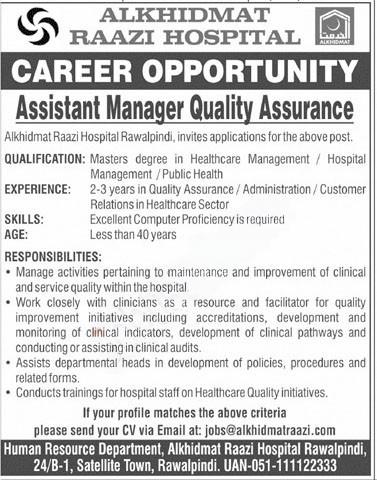 AlKhidmat Raazi Hospital Jobs 2024 As Assistant Manager