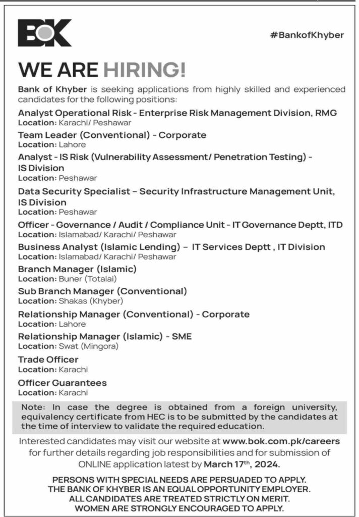 Bank of Khyber Jobs in Pakistan 2024 | BOK Positions (Online Apply)