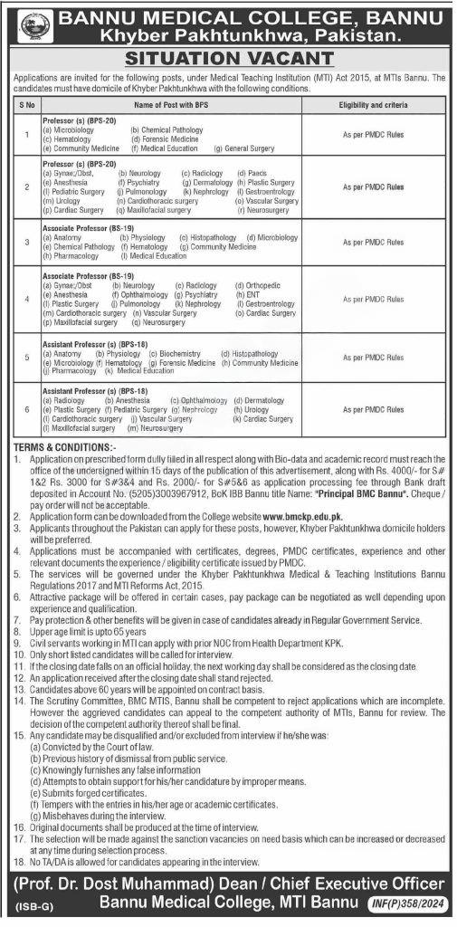 Bannu Medical College BMC Jobs 2024 Professors Apply