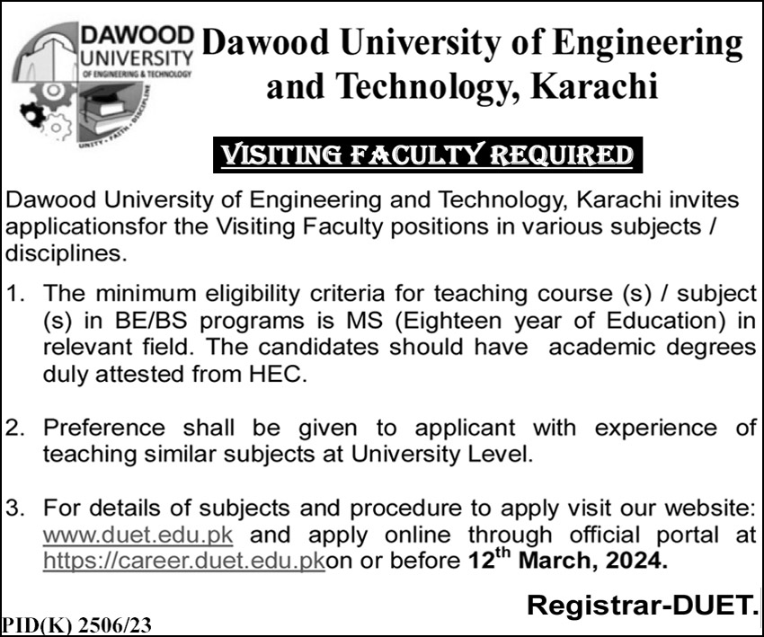 Dawood UET Karachi Jobs 2024 | Latest DUET visiting Faculty