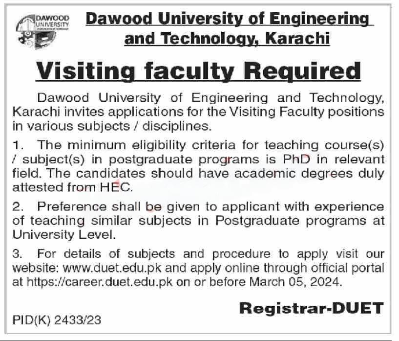 Dawood University of Engineering & Technology DUET jobs 2024 Faculty