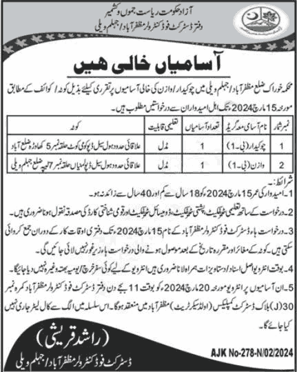 Food Department Jobs in Muzaffarabad 2024 (New Apply Form)