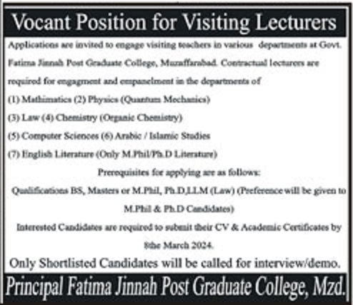 Fatima Jinnah Post Graduate College Visiting Lecturers Jobs 2024