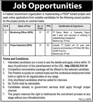 Federal Government Organization Jobs 2024 KPK Contract Basis