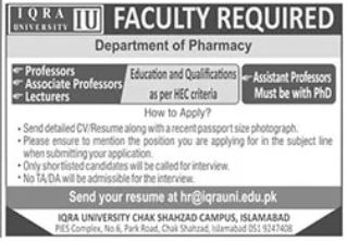 Iqra University Islamabad Jobs 2024 | IU Professors & Lecturers Careers