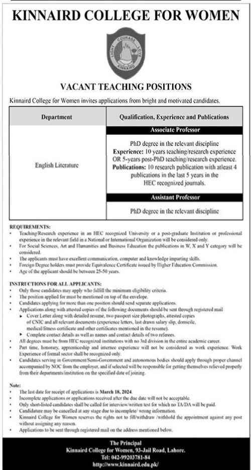 Kinnaird College for Women Jobs 2024 as English Lecturer