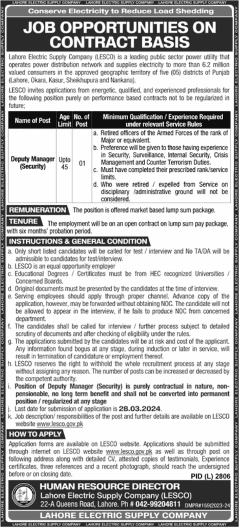 Latest LESCO Jobs 2024-Lahore Electric Supply Company Advertisement