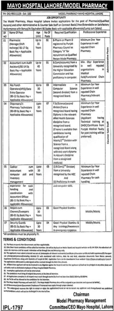 Mayo Hospital Lahore Jobs 2024 Medical Surgon & Dispenser