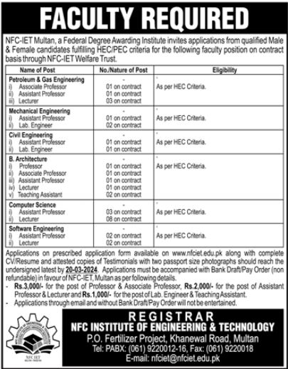 NFC Institute of Engineering & Technology Professors jobs 2024