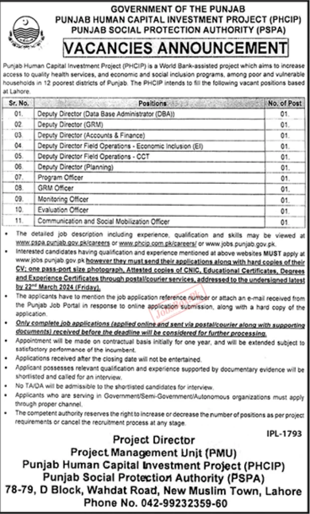 Punjab Social Protection Authority Jobs 2024 | PSPA Online Apply