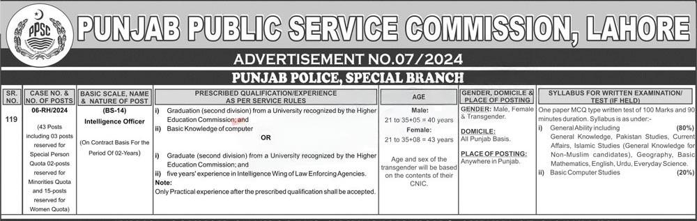 Intelligence Officer in Punjab Police Jobs 2024 BS-14 (New Vacancies)