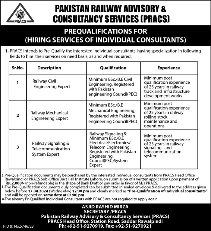 Pakistan Railway advisory & Consultancy Services jobs 2024 Apply Form