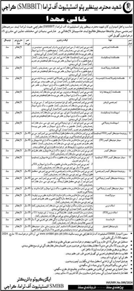 Latest SMBBIT Jobs 2024 in Karachi Medical Staff Apply