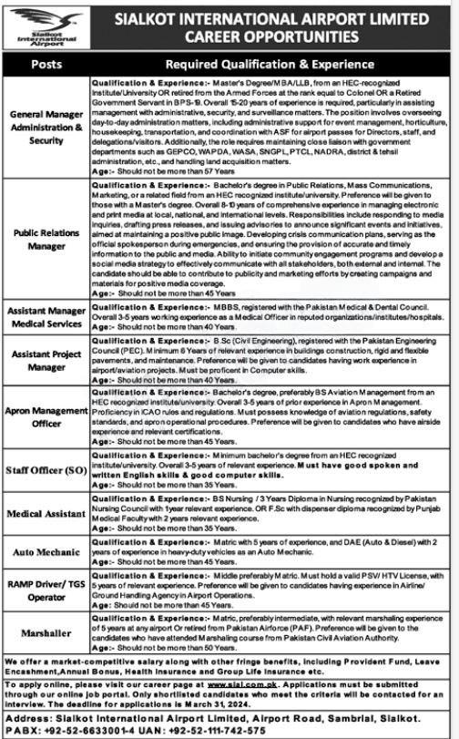 Sialkot International Airport Limited Jobs 2024 | Public & Assistant Manager