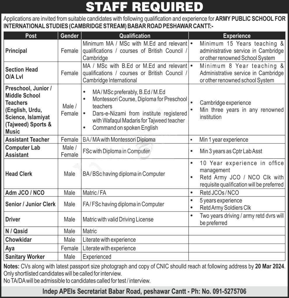 Army Public School for International Studies Jobs Advertisement 2024