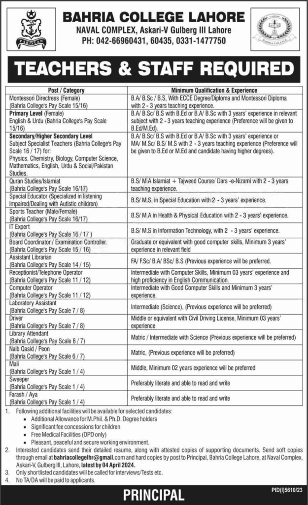 Bahria College Naval Complex Jobs in Lahore March 2024 Advertisement