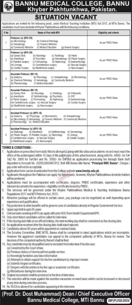 Bannu Medical College March Jobs 2024 | Online Application Form