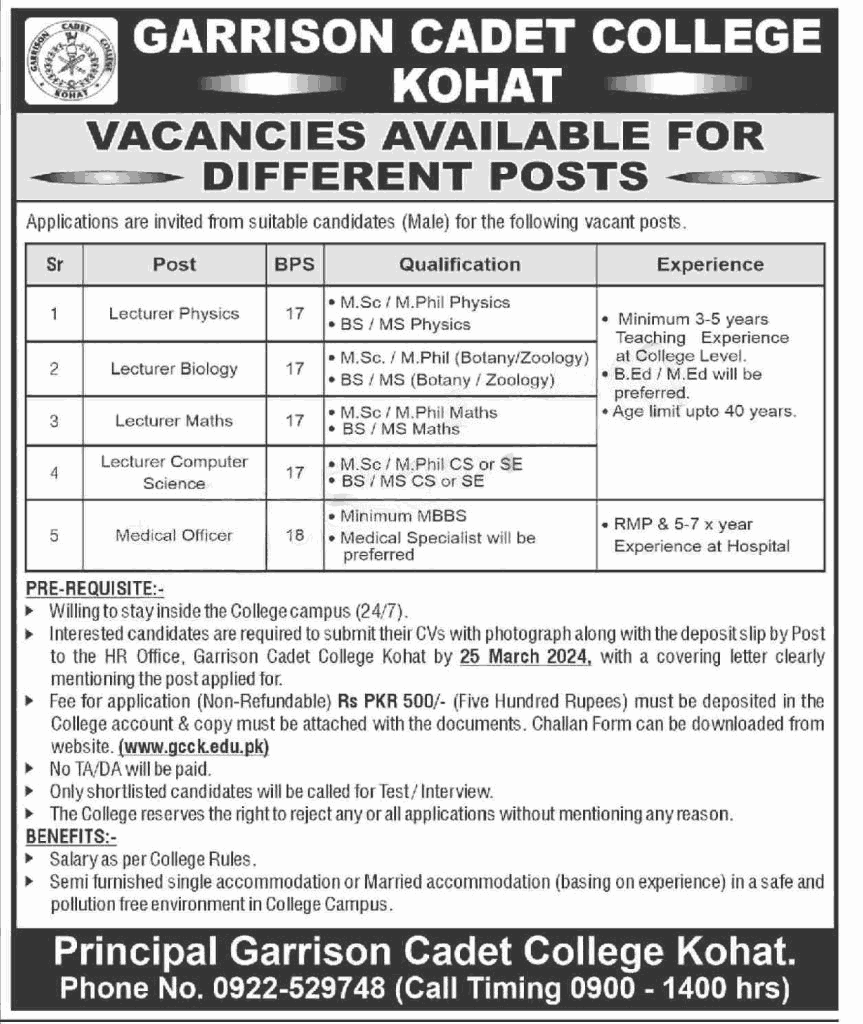 Latest Garrison Cadet College Jobs in Kohat March 2024 Advertisement