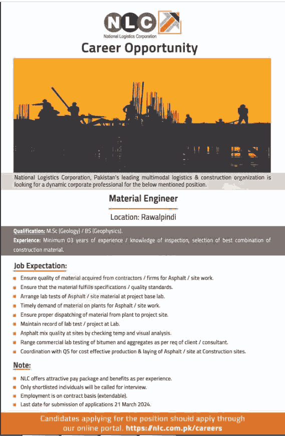 Material Engineer Jobs in NLC Rawalpindi March 2024 Advertisement