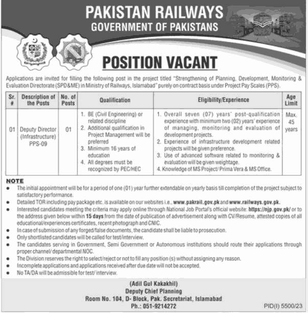 Latest Pakistan Railway Jobs 2024 | Deputy Director