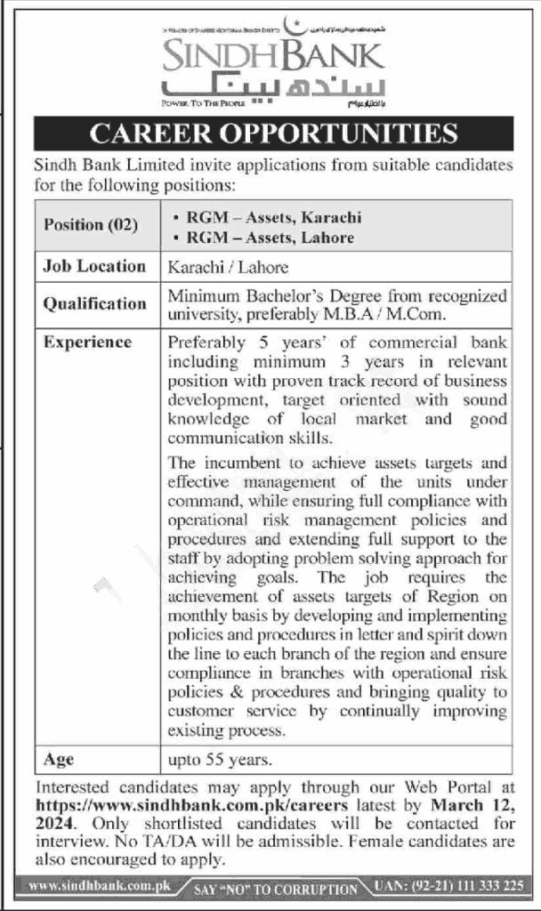 Sindh Bank Jobs 2024 Apply Online Advertisement