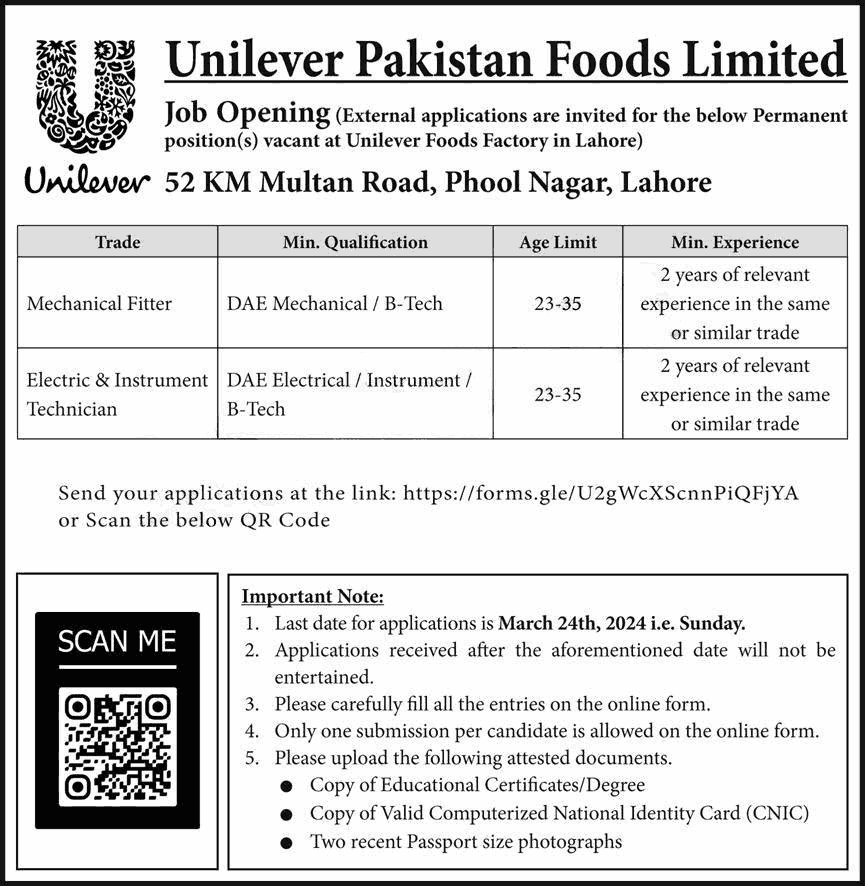 New Unilever Pakistan Foods Ltd Jobs in Lahore March 2024 Advertisement