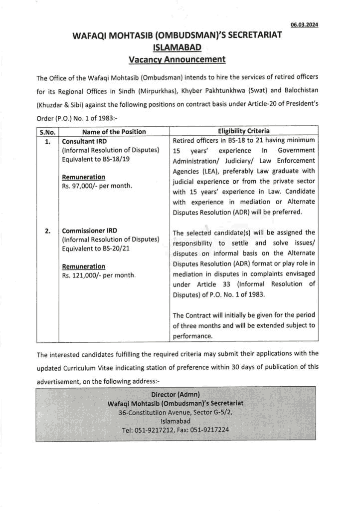 Latest Wafaqi Mohtasib Secretariat Jobs 2024 Advertisement